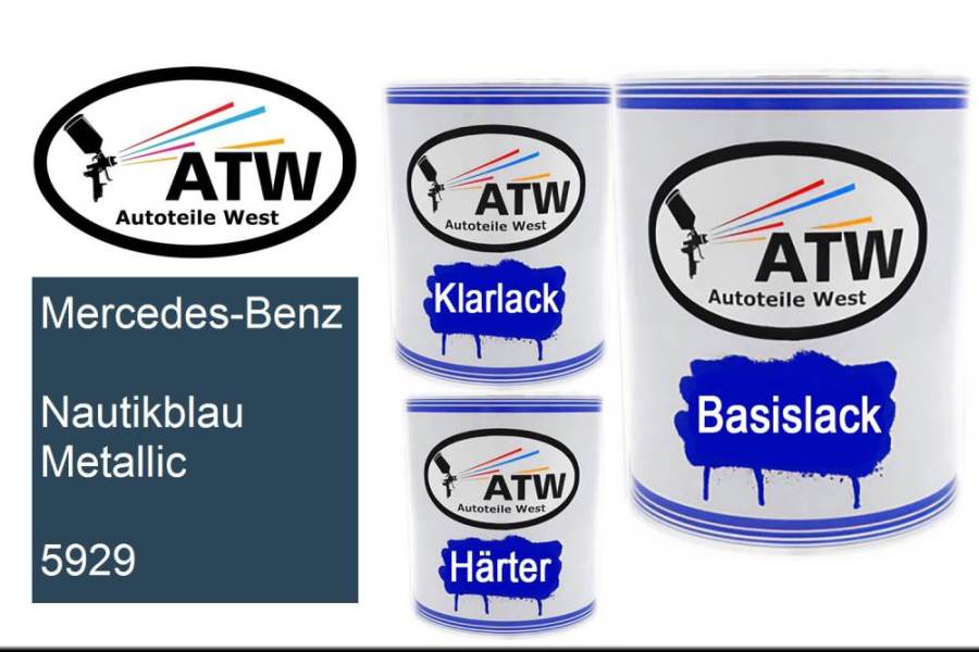 Mercedes-Benz, Nautikblau Metallic, 5929: 1L Lackdose + 1L Klarlack + 500ml Härter - Set, von ATW Autoteile West.